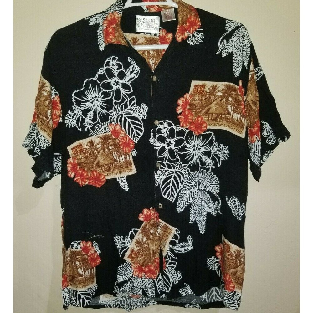 Thums Up For Him Men's Button Up Hawaiian Shirt Size XL Black Rayon Short Sleeve